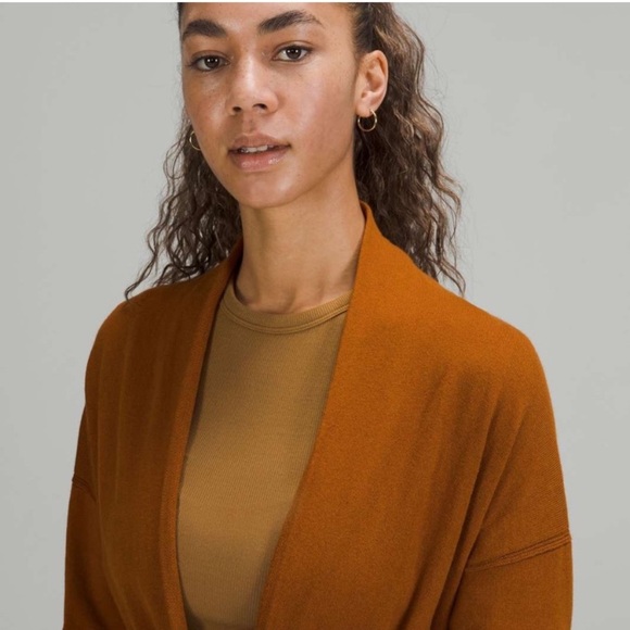Lululemon Butternut Brown Wrap Knit Cotton Cashmere Open Long Cardigan Sweater 6 - Picture 12 of 14
